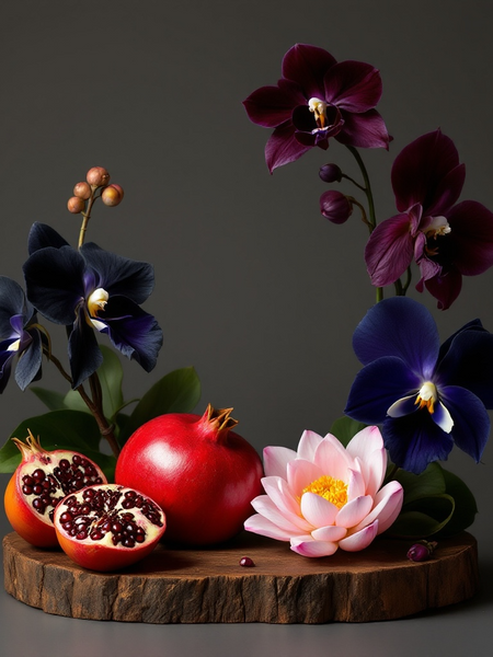 Goat Milk Soap inspired by CK Euphoria surrounded by pomegranate and orchid flowers on a wooden display