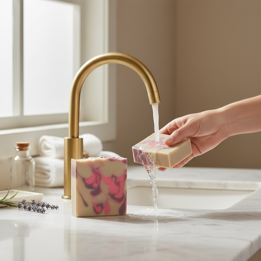 Goat Milk Soap inspired by CK Euphoria with a marbled design, being used at a stylish bathroom sink
