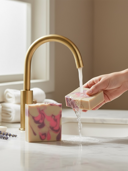 Goat Milk Soap inspired by CK Euphoria with a marbled design, being used at a stylish bathroom sink