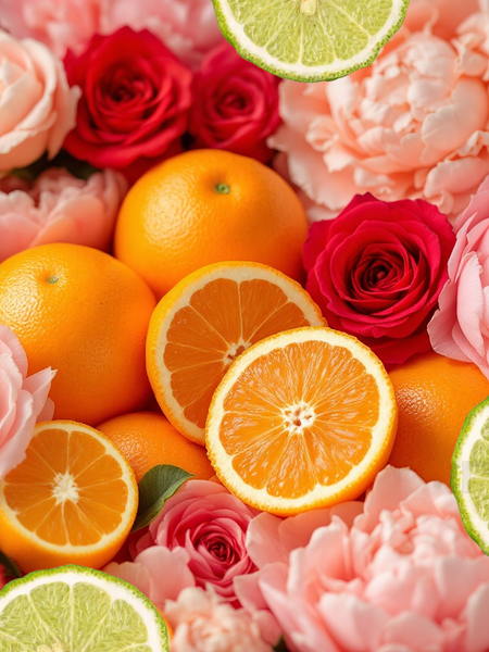 Fresh oranges, lime slices, and assorted pink and red roses representing the scent of Good girl blush inspired body spray