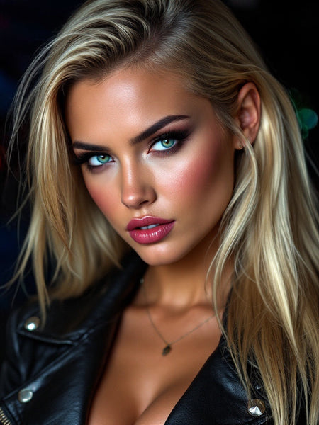 Portrait of a blonde woman with smoky makeup and leather jacket representing Sultry Scents Good girl blush inspired body spray style