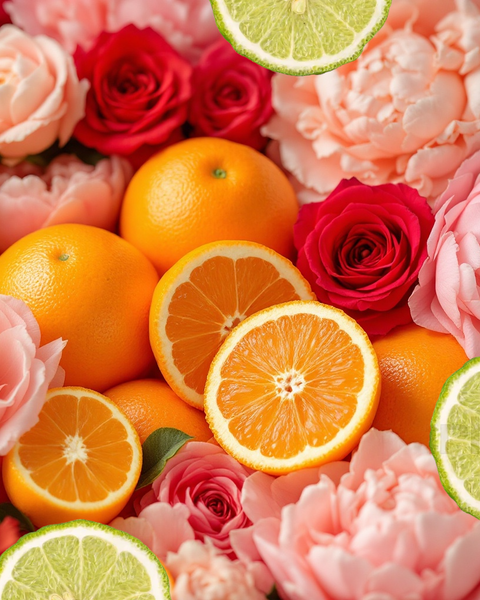 Good Girl Blush inspired roll on perfume with floral and citrus notes in vibrant arrangement