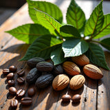 Good girl dupe roll-on perfume concept with coffee beans, almonds, and green leaves on wooden surface