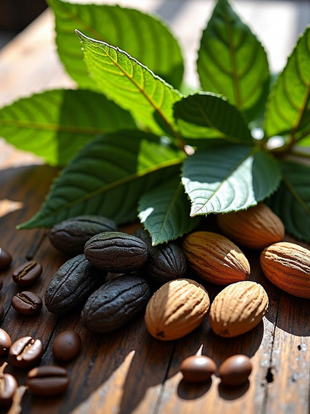 Good girl dupe roll-on perfume concept with coffee beans, almonds, and green leaves on wooden surface