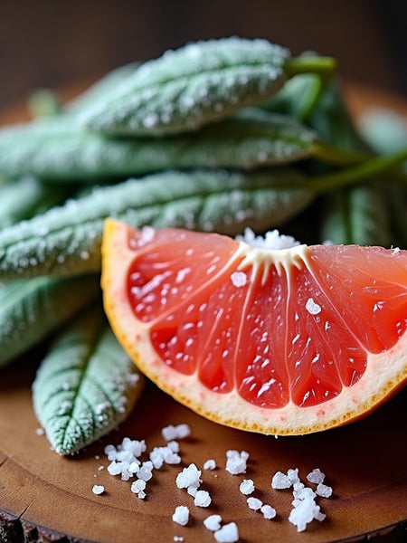 Wood sage leaves and sea salt crystals with a slice of grapefruit representing wood sage and sea salt dupe roll on fragrance