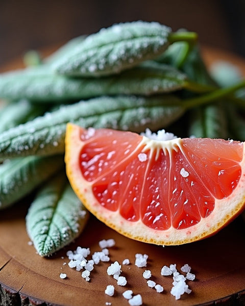 Fresh grapefruit slice and frosted sage leaves on wood surface with sea salt for Wood Sage & Sea Salt inspired foaming hand soap