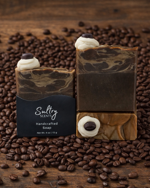Sultry Scents handcrafted KC Roasterie coffee soap with coffee bean accents on a wood background