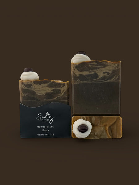 Sultry Scents handcrafted KC Roasterie coffee soap with creamy foam and coffee bean adornments