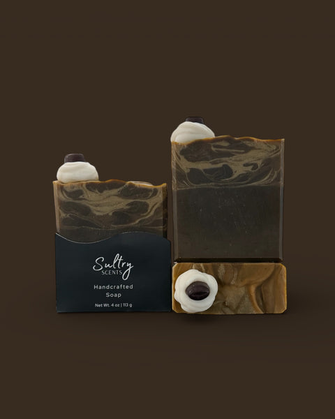 Sultry Scents handcrafted KC Roasterie coffee soap with creamy foam and coffee bean adornments
