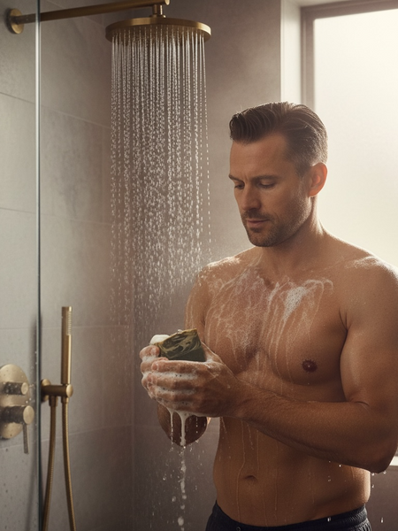 Man using handcrafted KC Roasterie coffee soap in a modern shower for a refreshing cleanse