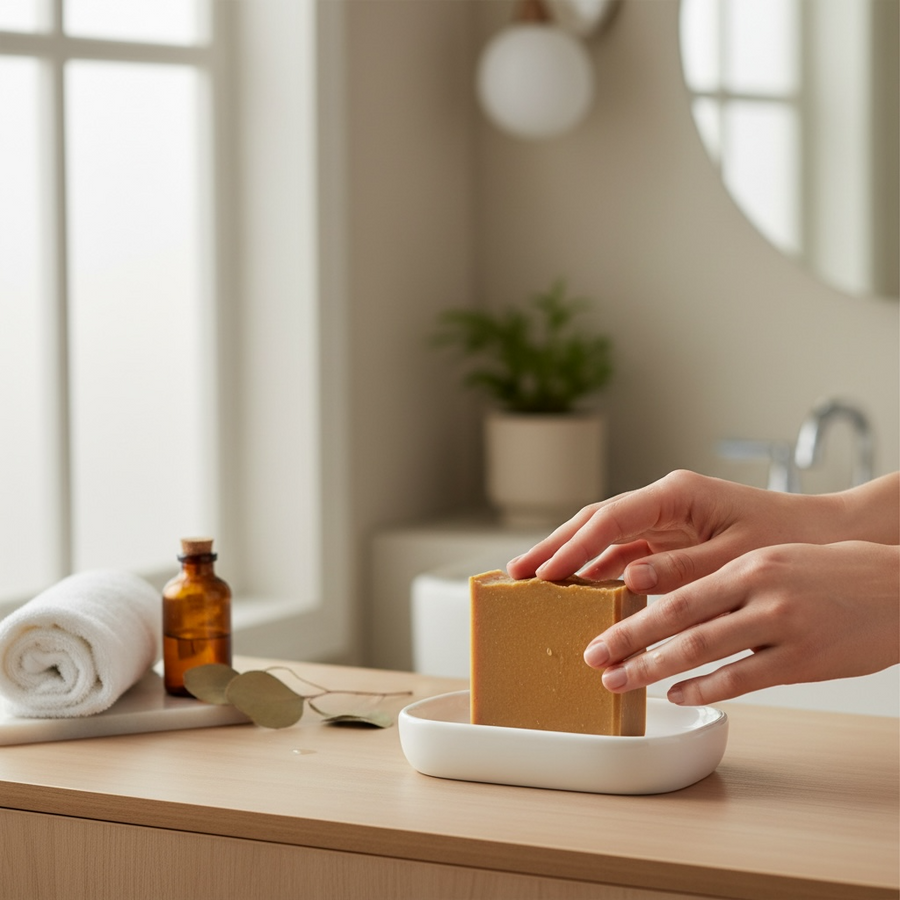 Handcrafted turmeric soap made with tallow displayed on a white dish in a serene bathroom setting