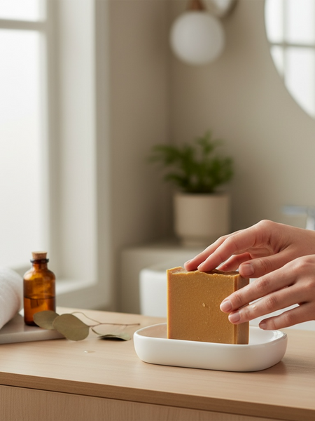 Handcrafted turmeric soap made with tallow displayed on a white dish in a serene bathroom setting