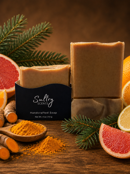 Sultry Scents Handcrafted turmeric soap made with tallow displayed with citrus fruits and turmeric root