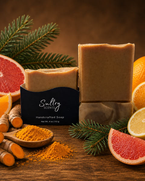 Sultry Scents Handcrafted turmeric soap made with tallow displayed with citrus fruits and turmeric root