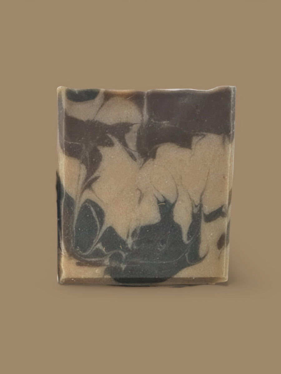 Smoky Vanilla woods soap bar with a marbled design featuring earthy tones and a natural look