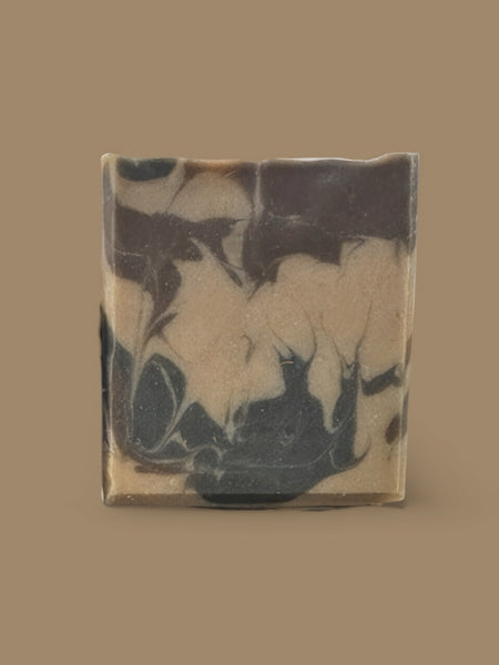 Smoky Vanilla woods soap bar with a marbled design featuring earthy tones and a natural look