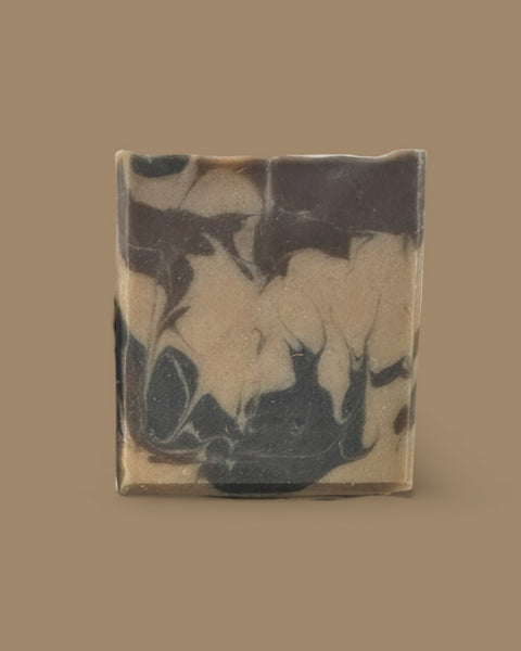 Smoky Vanilla woods soap bar with a marbled design featuring earthy tones and a natural look