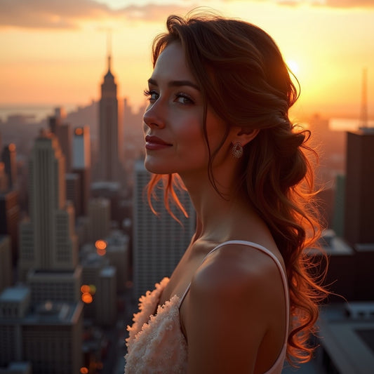 Elegant woman at sunset in city skyline promoting Sultry Scents Jo Malone inspired room spray