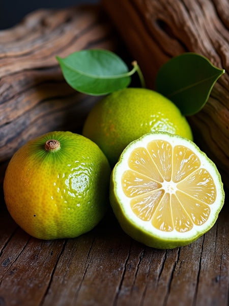 Fresh bergamot fruit with green leaves on wooden surface representing Jo Malone Oud Bergamot dupe roll on perfume scent