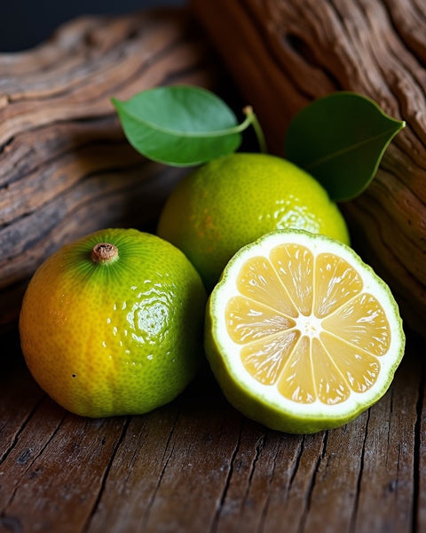 Fresh bergamot fruit with green leaves on wooden surface representing Jo Malone Oud Bergamot dupe roll on perfume scent