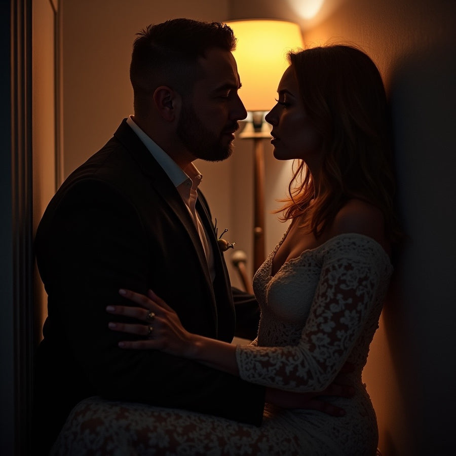 Romantic couple in intimate pose near lamp light evoking mood for Jo Malone Oud Bergamot dupe roll on perfume