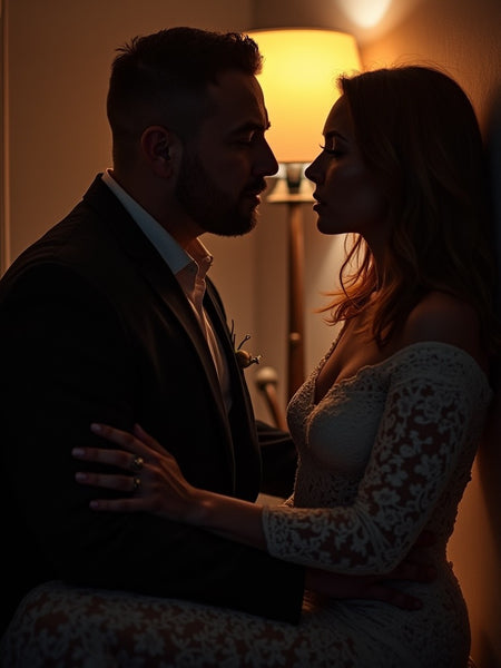 Romantic couple in intimate pose near lamp light evoking mood for Jo Malone Oud Bergamot dupe roll on perfume