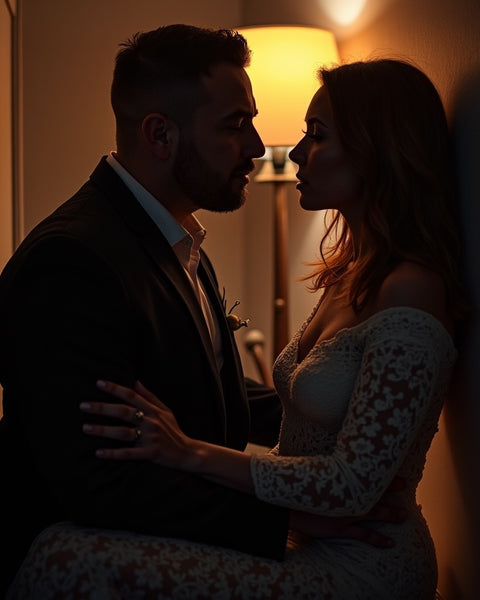 Romantic couple in intimate pose near lamp light evoking mood for Jo Malone Oud Bergamot dupe roll on perfume