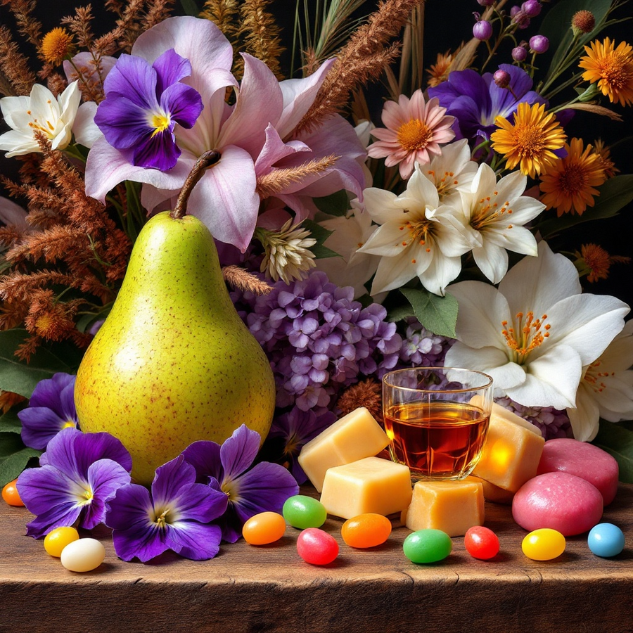 Kayali Vanilla Candy Rock Sugar dupe roll on inspired image with colorful flowers, pear, caramel candies, and a glass of amber liquid