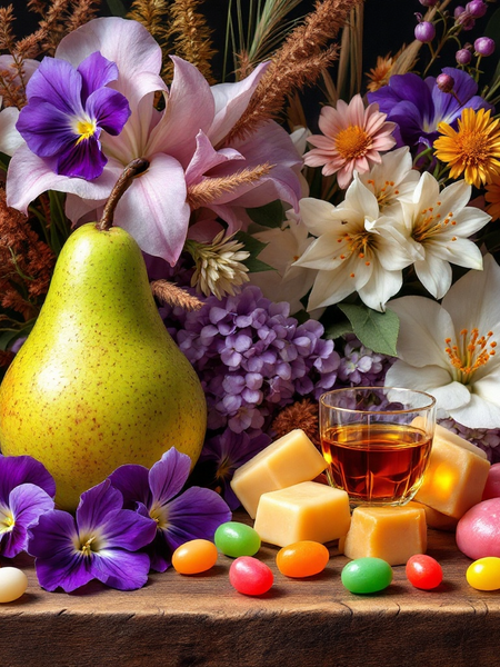 Kayali Vanilla Candy Rock Sugar dupe roll on inspired image with colorful flowers, pear, caramel candies, and a glass of amber liquid
