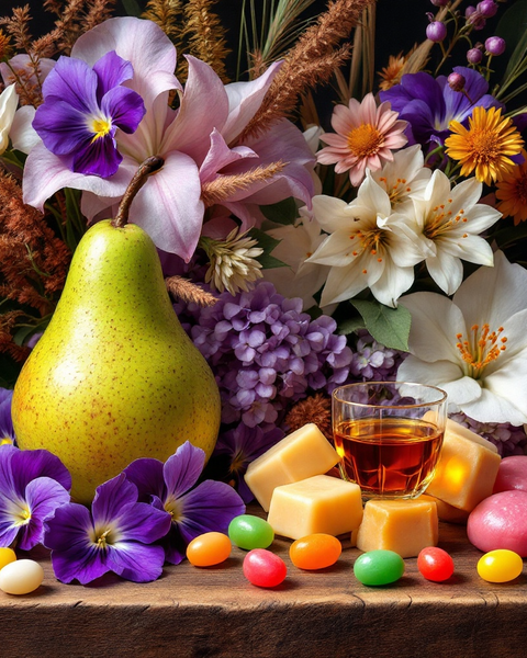 Kayali Vanilla Candy Rock Sugar dupe roll on inspired image with colorful flowers, pear, caramel candies, and a glass of amber liquid