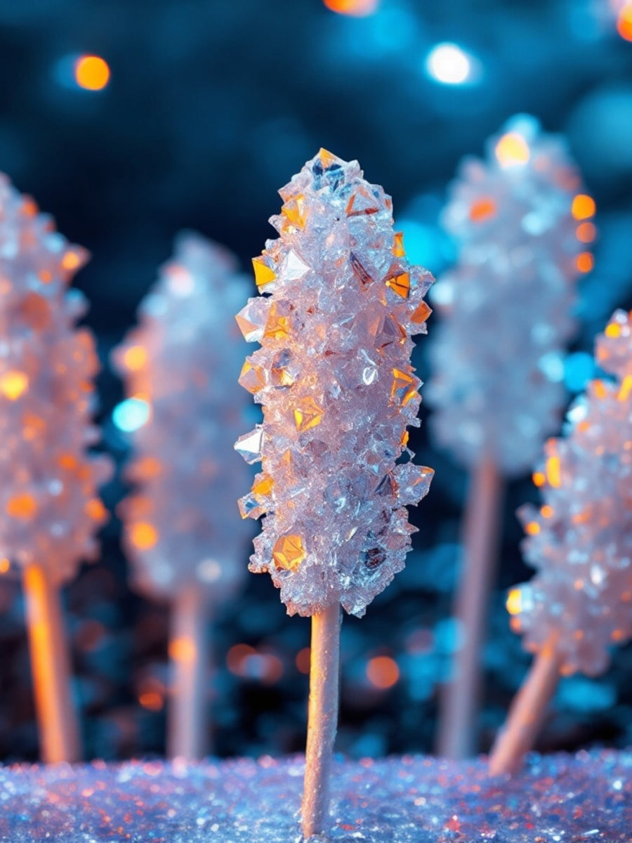 Close-up of sparkling sugar crystals on sticks representing Kayali Vanilla Candy Rock Sugar dupe roll on