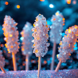 Close-up of sparkling sugar crystals on sticks representing Kayali Vanilla Candy Rock Sugar dupe roll on