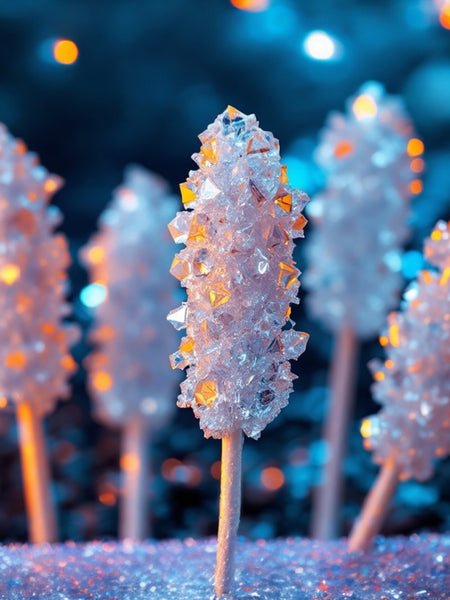 Close-up of sparkling sugar crystals on sticks representing Kayali Vanilla Candy Rock Sugar dupe roll on