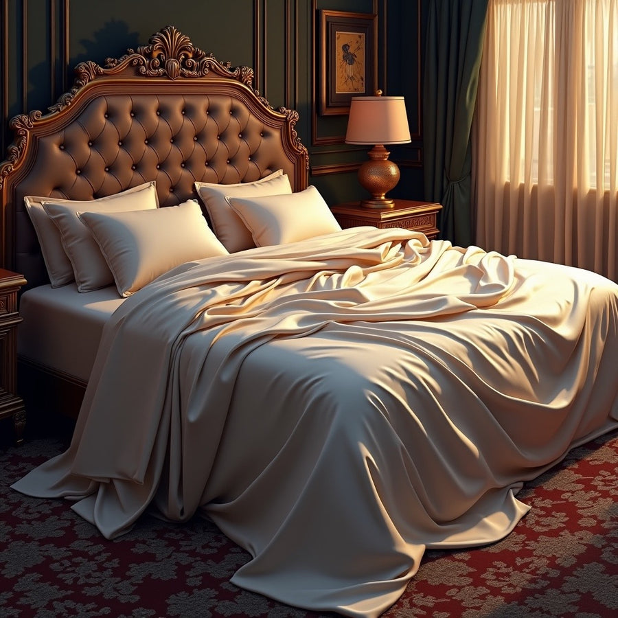 Elegant bedroom with ornate headboard and luxurious silk bedspread in warm natural light