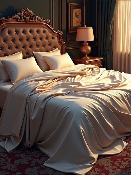 Elegant bedroom with ornate headboard and luxurious silk bedspread in warm natural light