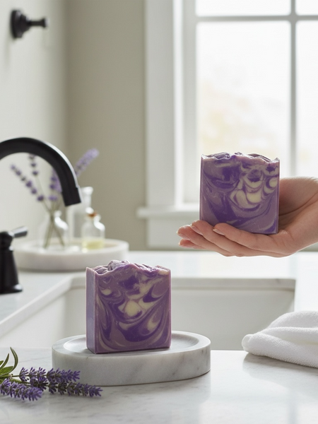Lavender Chamomile Handcrafted Soap displayed in a modern bathroom setting with natural decor