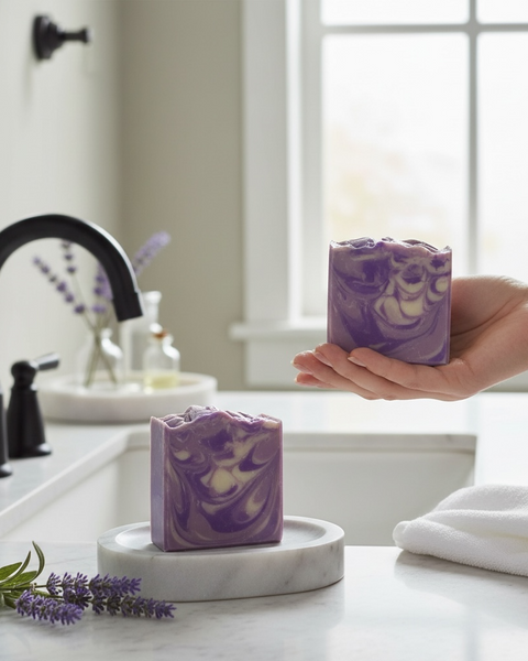 Lavender Chamomile Handcrafted Soap displayed in a modern bathroom setting with natural decor