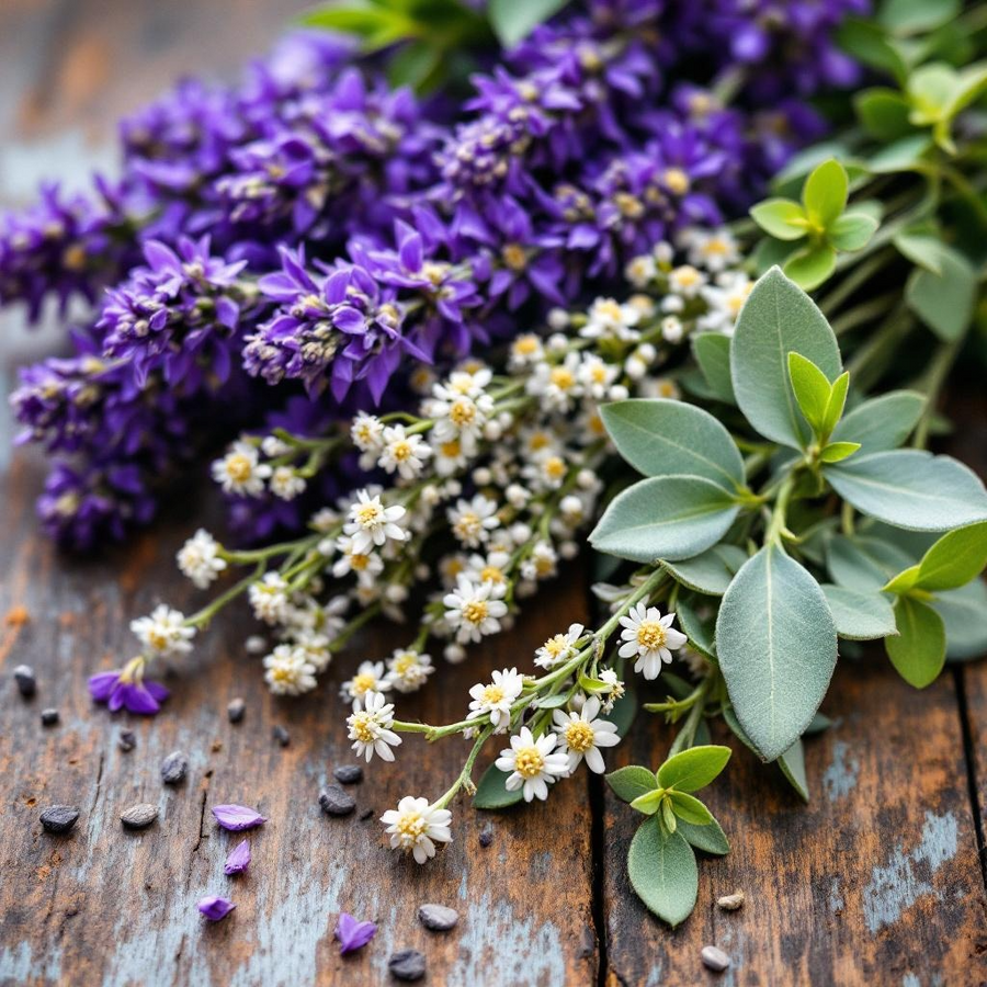 Lavender Chamomile Handcrafted Soap with natural floral ingredients on a rustic wooden surface