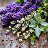 Lavender Chamomile Handcrafted Soap with natural floral ingredients on a rustic wooden surface