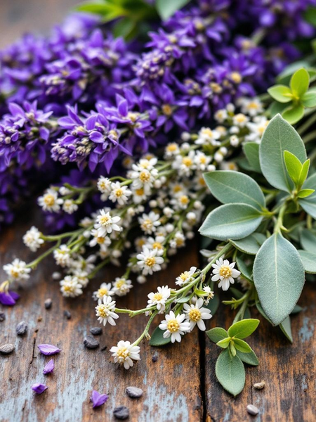 Lavender Chamomile Handcrafted Soap with natural floral ingredients on a rustic wooden surface