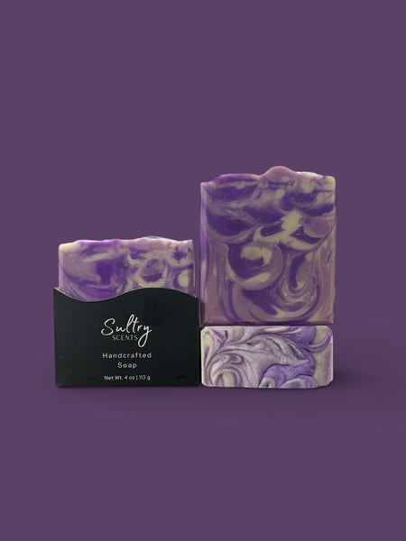 Lavender Chamomile Handcrafted Soap by Sultry Scents with soothing purple swirls