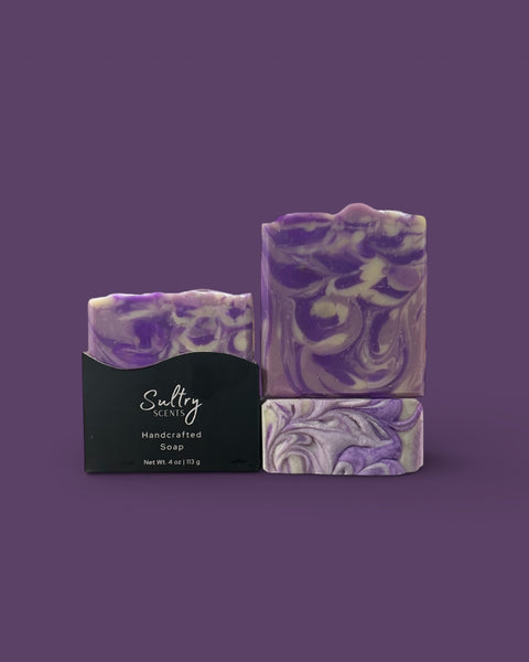 Lavender Chamomile Handcrafted Soap by Sultry Scents with soothing purple swirls