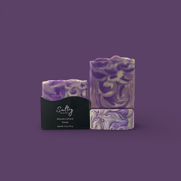 Lavender Chamomile Handcrafted Soap by Sultry Scents with soothing purple swirls