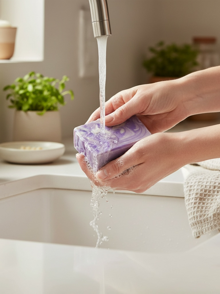 Person using Lavender Chamomile Handcrafted Soap under running water in a modern kitchen sink