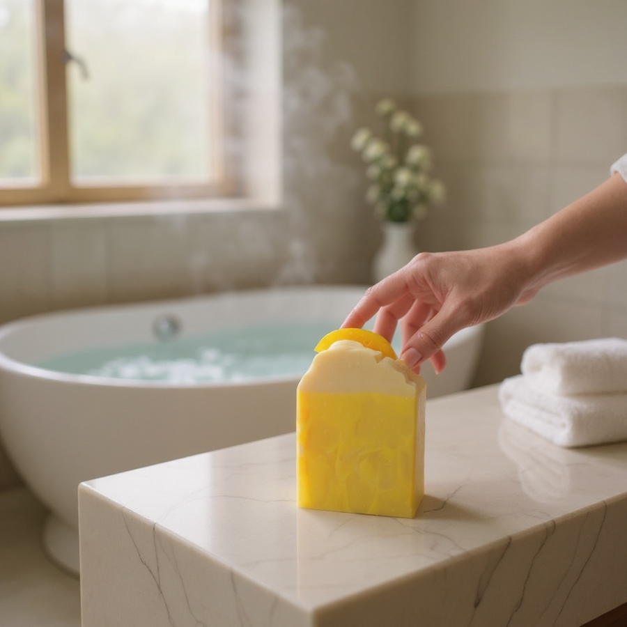 Lemon scented soap bar inspired by Under the Lemon Tree displayed on a marble bathroom counter