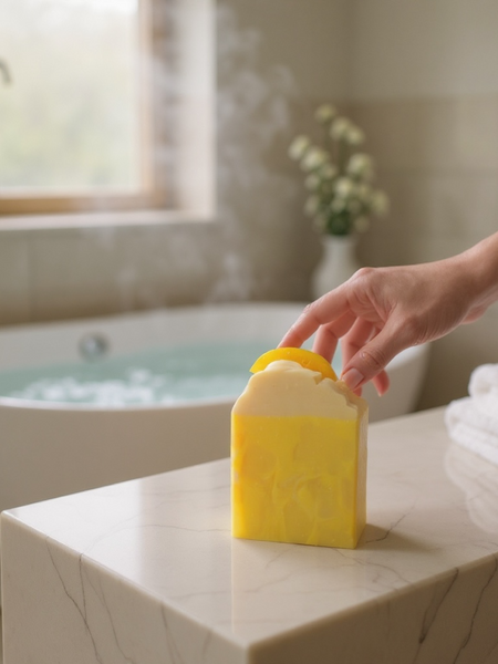Lemon scented soap bar inspired by Under the Lemon Tree displayed on a marble bathroom counter