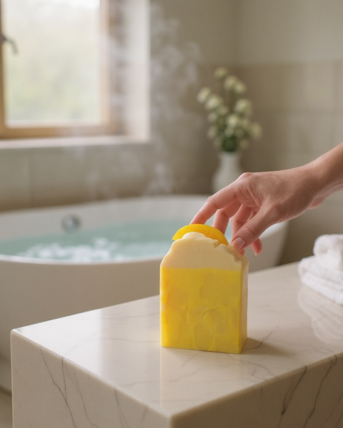 Lemon scented soap bar inspired by Under the Lemon Tree displayed on a marble bathroom counter