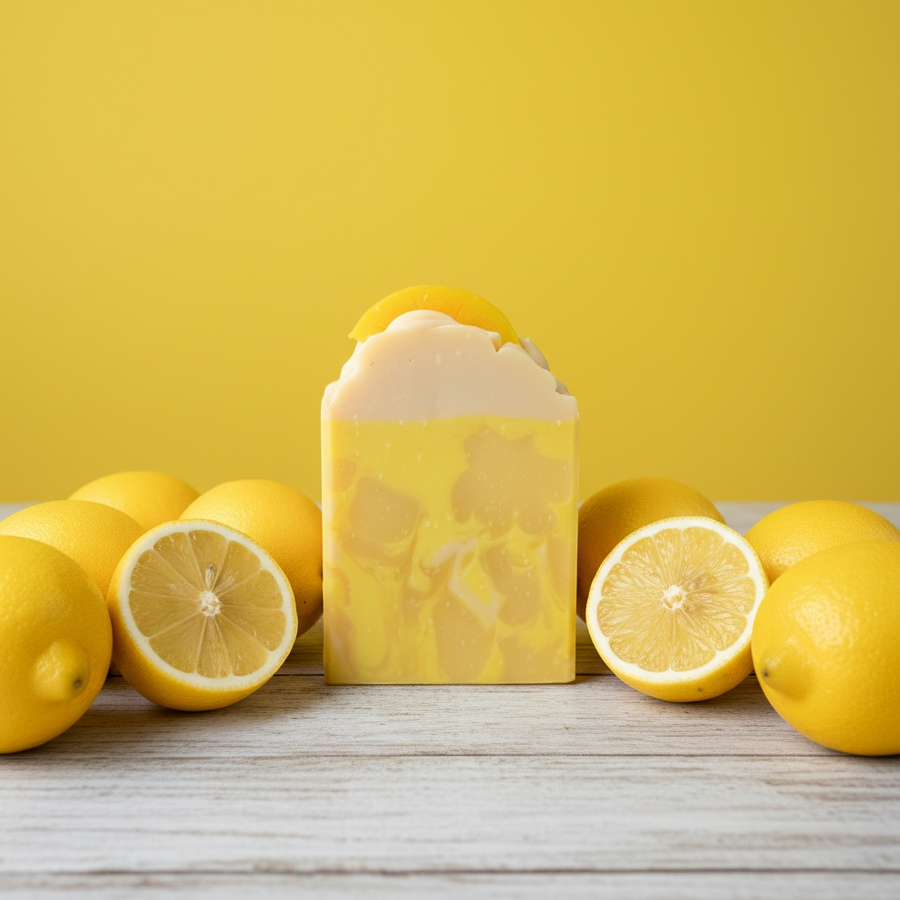 Lemon scented soap bar inspired by Under the Lemon Tree with fresh lemons on a wooden surface