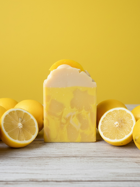Lemon scented soap bar inspired by Under the Lemon Tree with fresh lemons on a wooden surface