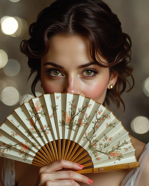 Woman holding a decorative floral hand fan showcasing Sultry Scents Love dont be shy dupe body spray elegance